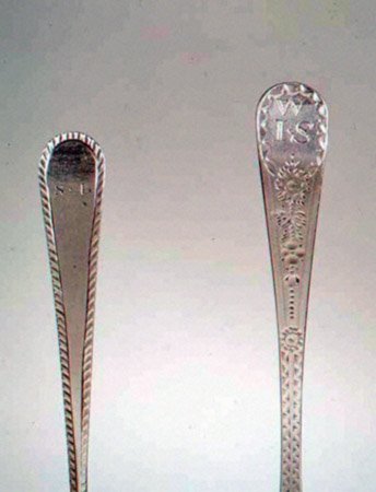 Stik til teske, fra venstre til højre: 1782, 1791 (sølv) af English School